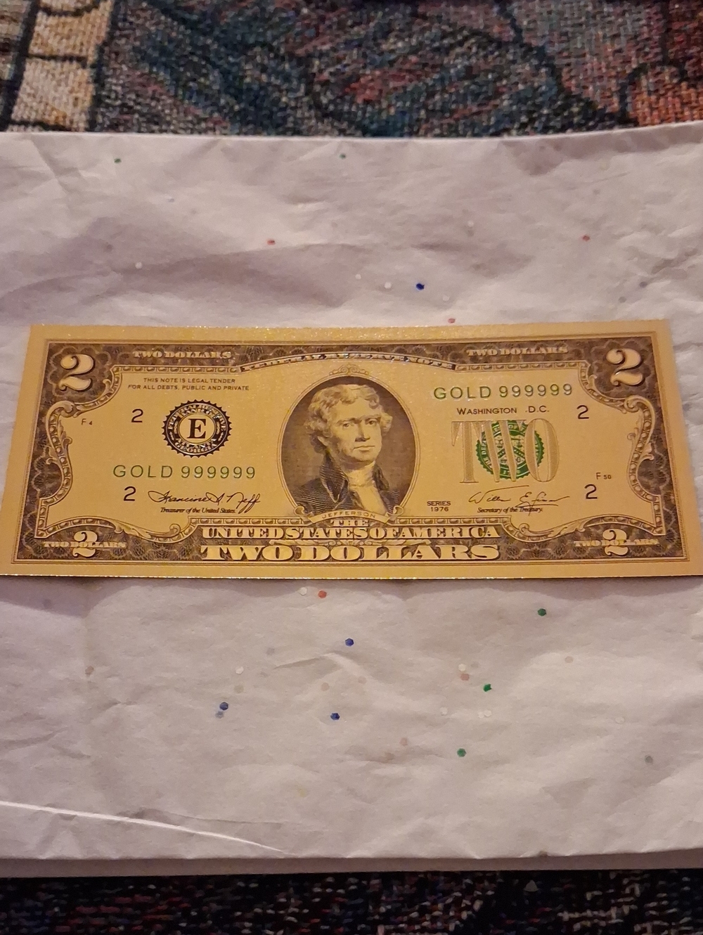 Gold Decorative Two Dollar Novelty Note by